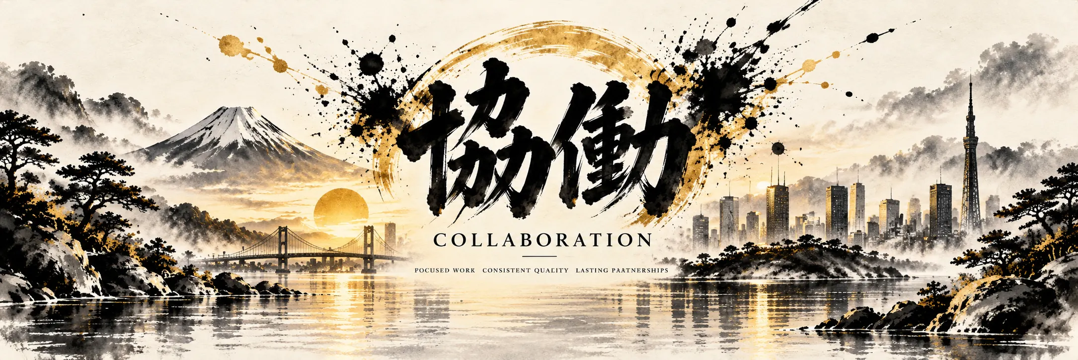 Japanese ink brush collaboration artwork with Mount Fuji and Tokyo skyline