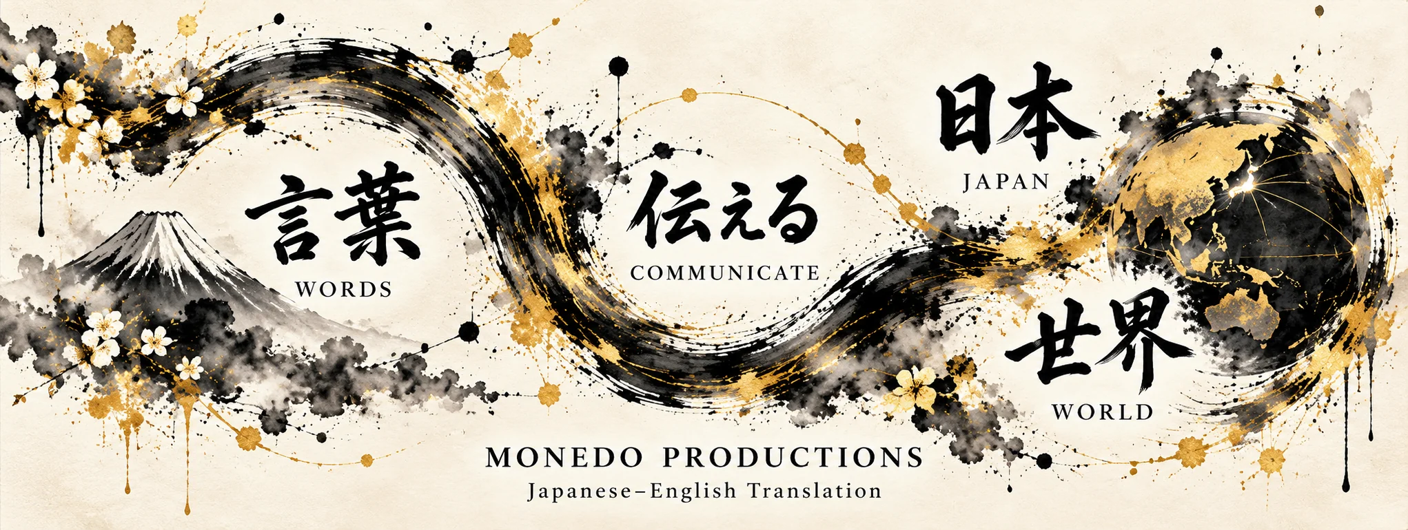 Japanese ink-brush artwork symbolizing words, communication, Japan and the world
